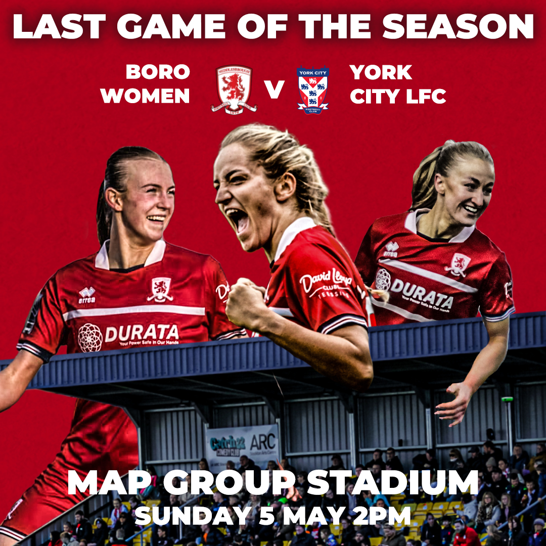 𝗟𝗔𝗦𝗧 𝗚𝗔𝗠𝗘 𝗢𝗙 𝗧𝗛𝗘 𝗦𝗘𝗔𝗦𝗢𝗡 𝗡𝗘𝗫𝗧 𝗦𝗨𝗡𝗗𝗔𝗬

Make sure to come down to the MAP Group Stadium to get behind the girls and give them a #Boro send-off! 

Tickets are just £5 for adults and U16s go 𝗳𝗿𝗲𝗲! #UTB #UTBW 🔴⚪️