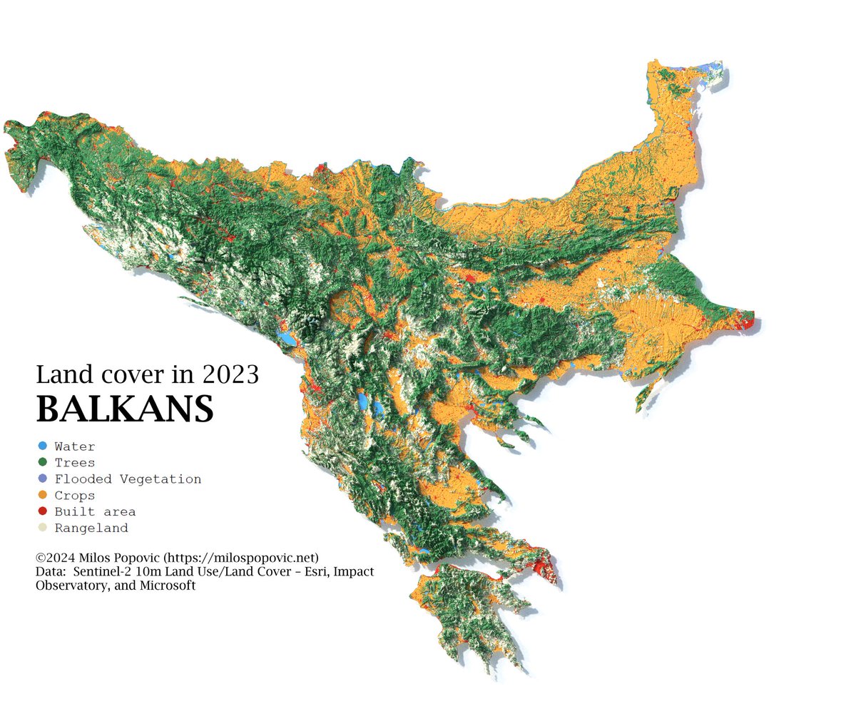 🗺️ Dive into the diverse terrains of the Balkans with my 3D map! Created with Esri's dataset, it's a journey of discovery in map-making. 🖥️💡 Get started on your own with my R tutorial: youtu.be/y_Kzg24Ciuo