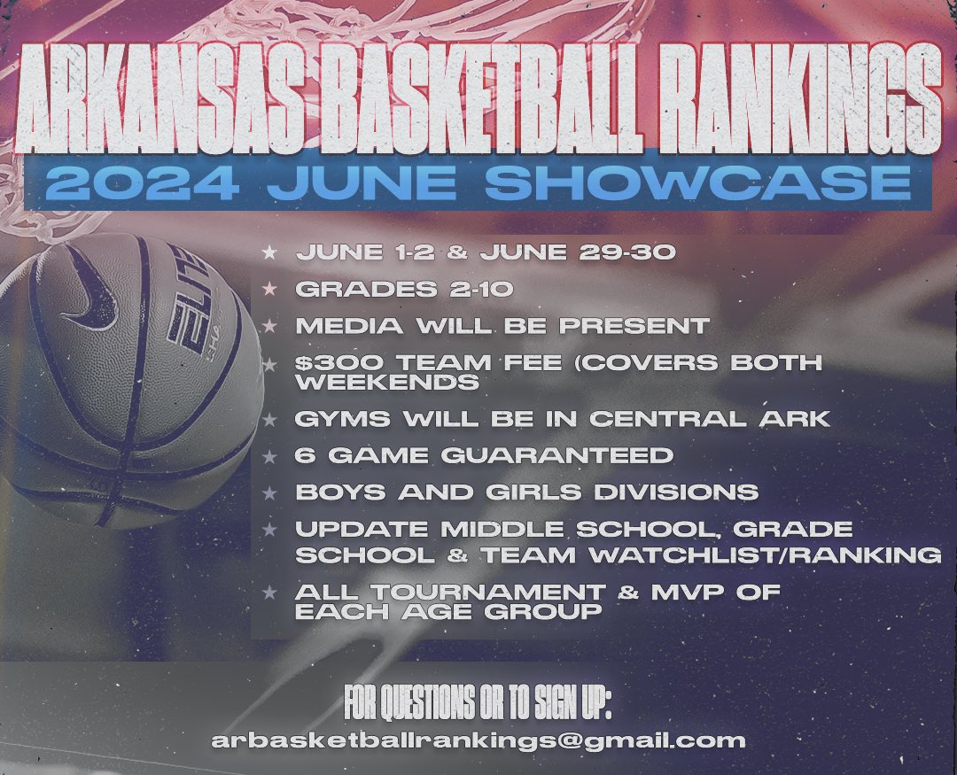 ARBballRankings's tweet image. Summer is here and we are exited to announce that we will be hosting AR Basketball Rankings June Showcase for Arkansas teams and border state teams! Sign up through email located on flyer! 2nd through 10th grade, boys and girls 🔥🔥🔥🔥🔥🔥🔥