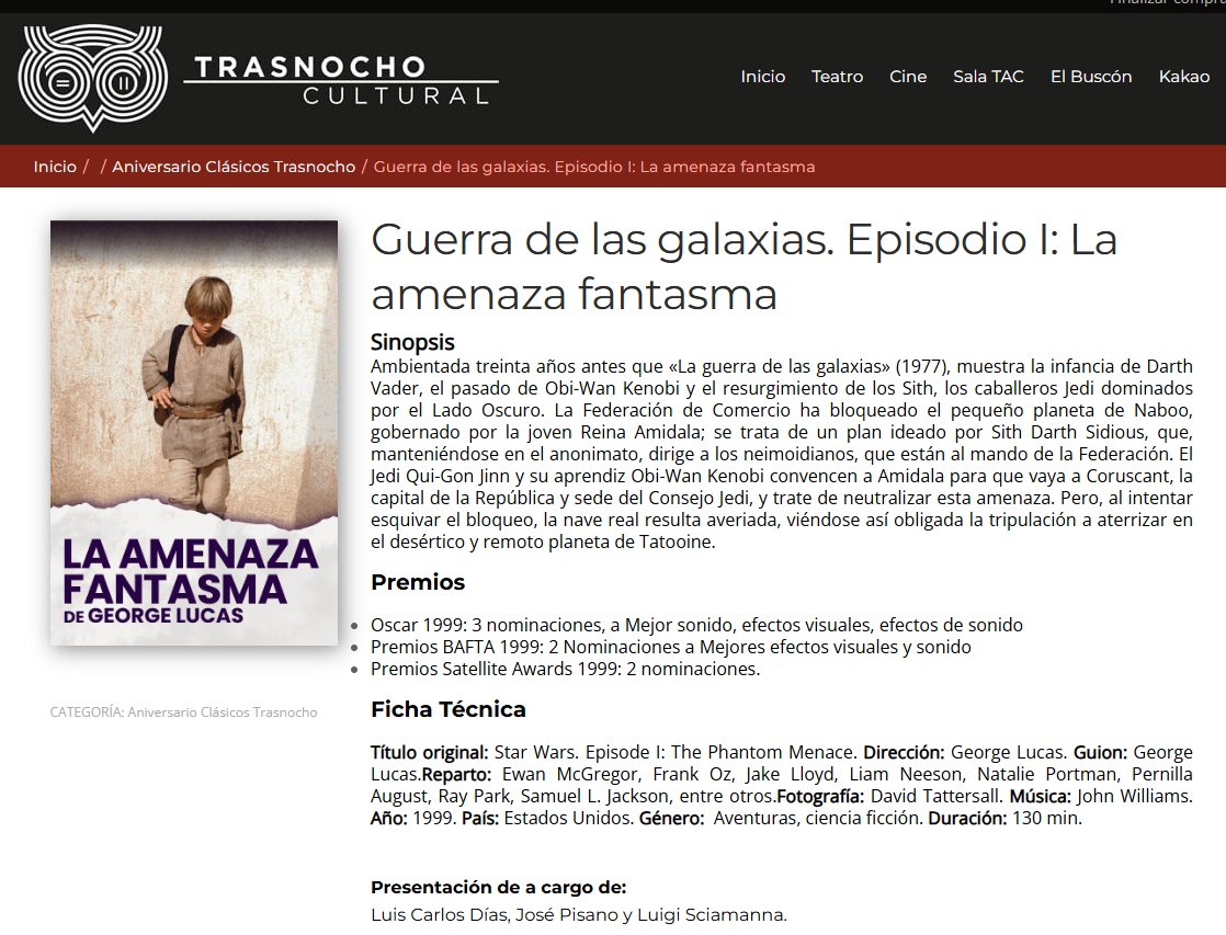 A partir del 4 de mayo, en @trasnochocult (Las Mercedes - Caracas) vamos a tener seis sábados seguidos de Star Wars.
Podremos ver y comentar los 6 primeros episodios de La Guerra de las Galaxias en pantalla grande.
Entradas solo en taquilla.
trasnochocultural.com/product/guerra…