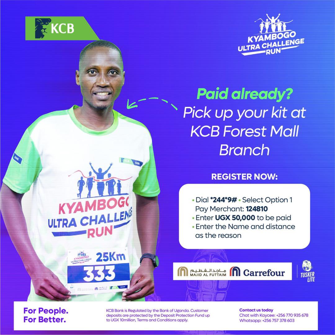 Have you paid for the #KyambogoUltraRun? 🤔 Kits will be available at KCB BANK (Forest Mall Branch) starting tomorrow. #ForPeopleForBetter