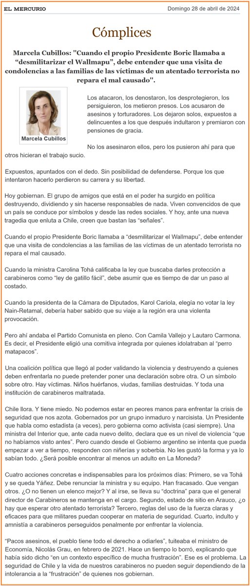 Son cómplices 'Tohá sobre ley que protegía a Carabineros: 'ley de gatillo fácil', debe dar paso al costado. Cariola que no votó ley Nain-Retamal, sabía que su viaje a Cañete era una provocación. Andaba el PC en pleno. Boric eligió una comitiva que idolatraba al 'perro matapacos''