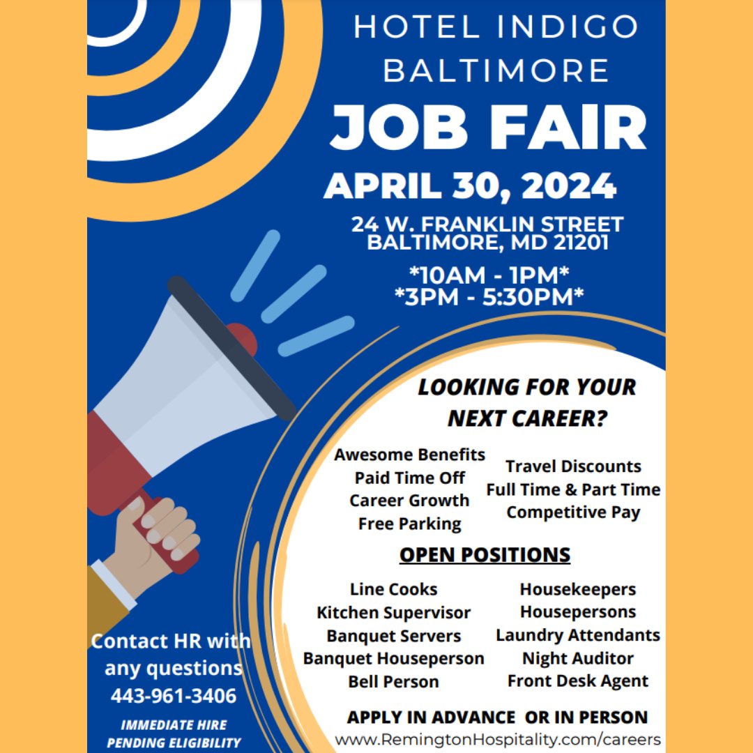 🌟 Don't miss the Hotel Indigo Baltimore Job Fair on April 30th! Explore exciting hospitality roles with no experience necessary! 🗓️📍 24 W Franklin St, Baltimore, MD 🕙 10am-1pm & 3pm-5:30pm. See you there! #HospitalityCareers #BaltimoreJobs