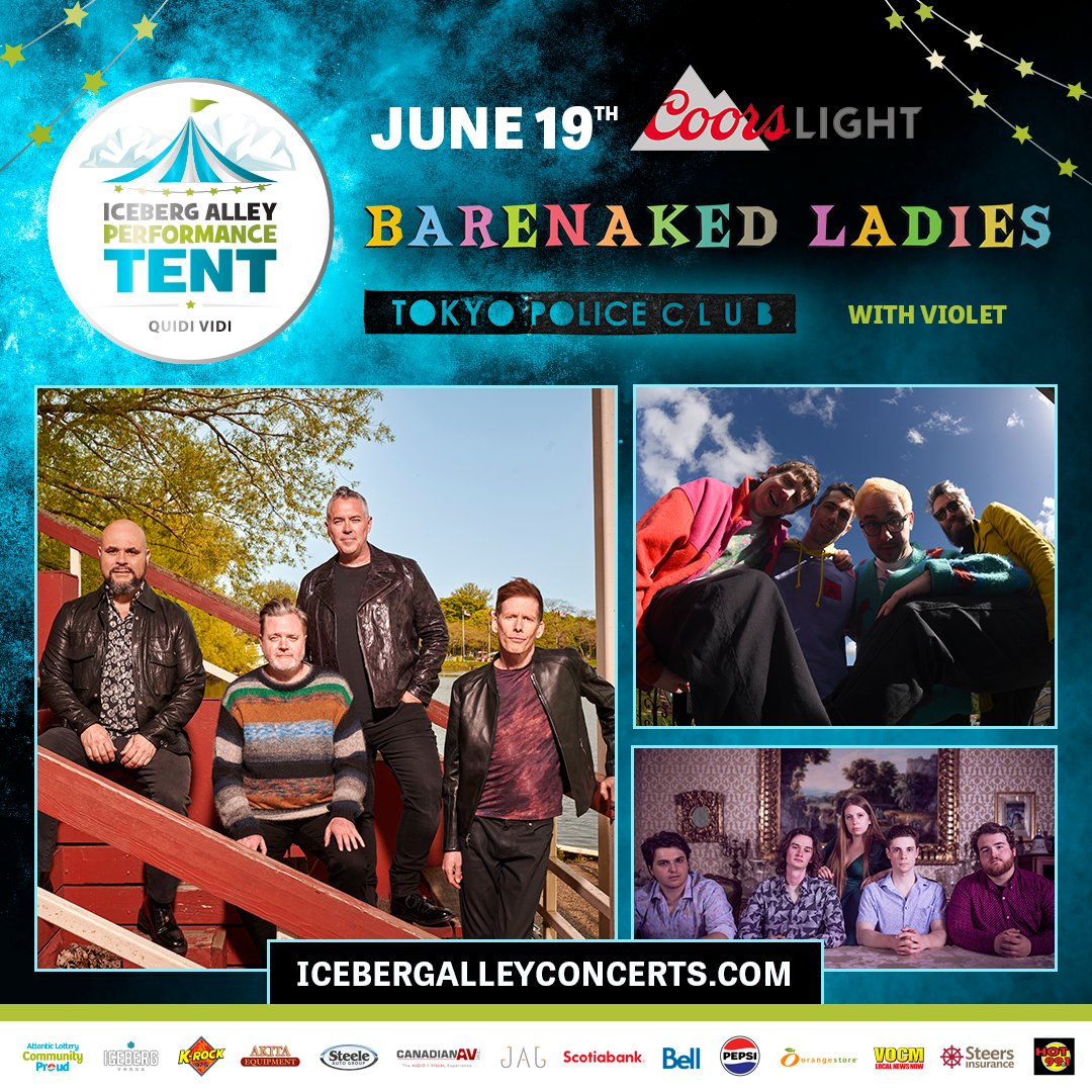 We have @barenakedladies onstage at the Iceberg Alley Performance Tent on June 19th! Also featuring performances by @tokyopoliceclub and @withvioletband. Tickets on sale now at bit.ly/4cC48zS #IAPT2024