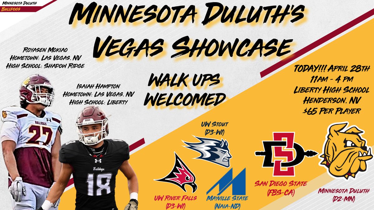 Today's the Day! Minnesota Duluth's Vegas Showcase at Liberty High School, Henderson NV. Walk-Ups are welcomed and encouraged! Registration begins at 11 AM (Local Time)! For More Information or to Register: bulldogsfootballcamps.totalcamps.com/shop/product/2…