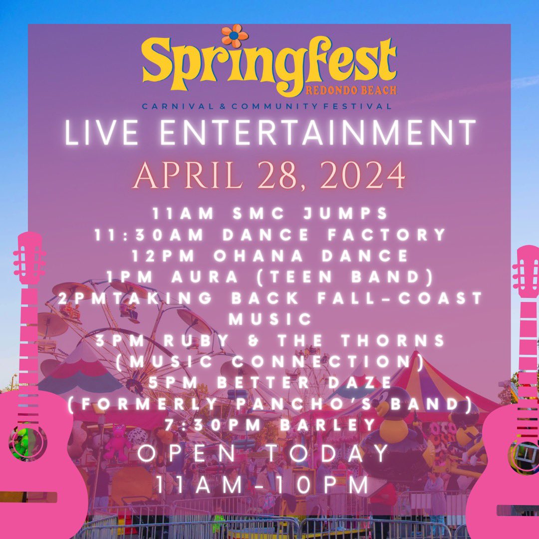 The 41st Annual Springfest Carnival & Community Festival presented by the @NRedondoBeachBA continues today from 11am-10pm! For full details, visit link in bio. Join us for an epic lineup of live entertainment starting at 11am & continuing all evening! 
#springfest #redondobeach l