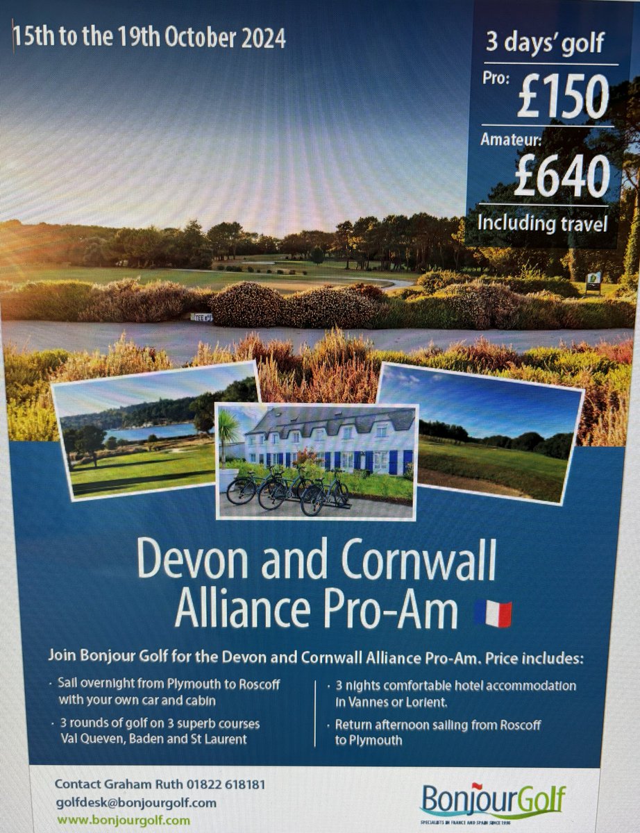 France beckons with Bonjour Golf for Devon and Cornwall Alliance Pro-Am @GolfBaden @GolfdeValQueven @asgolfStLaurent October 15-19 @swsportsnews @DevonGolf cornwallgolfunion.org.uk/news.php?newsi…