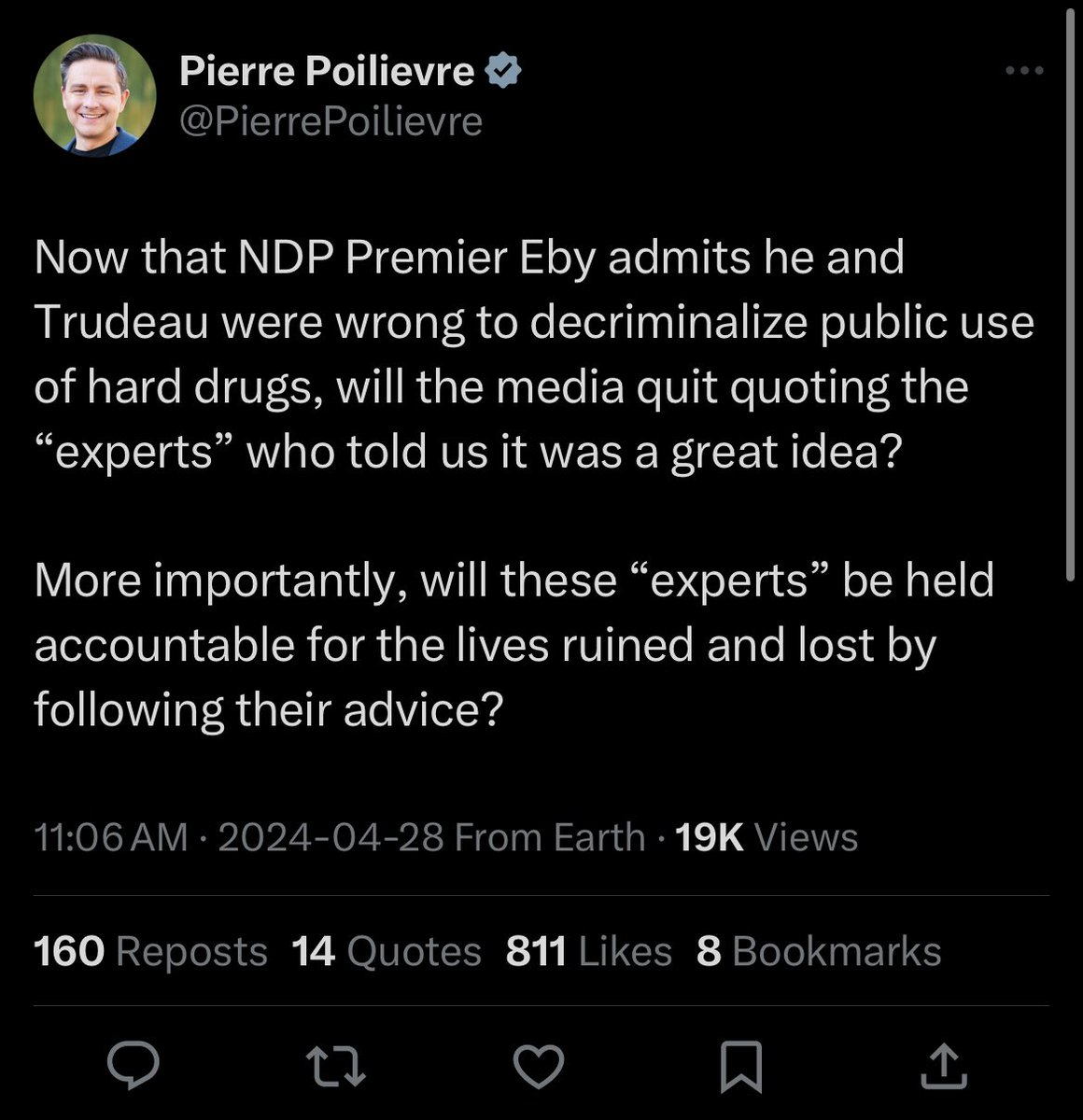 Here’s Mr. Evidence-Based citing a politician to school Canadians on the biopsychosocial nature of addictions. Prohibition failed throughout the 20th century. Now, Pee Pee, the conservative traditionalist, wants to make the war on drugs great again? Insanity personified.