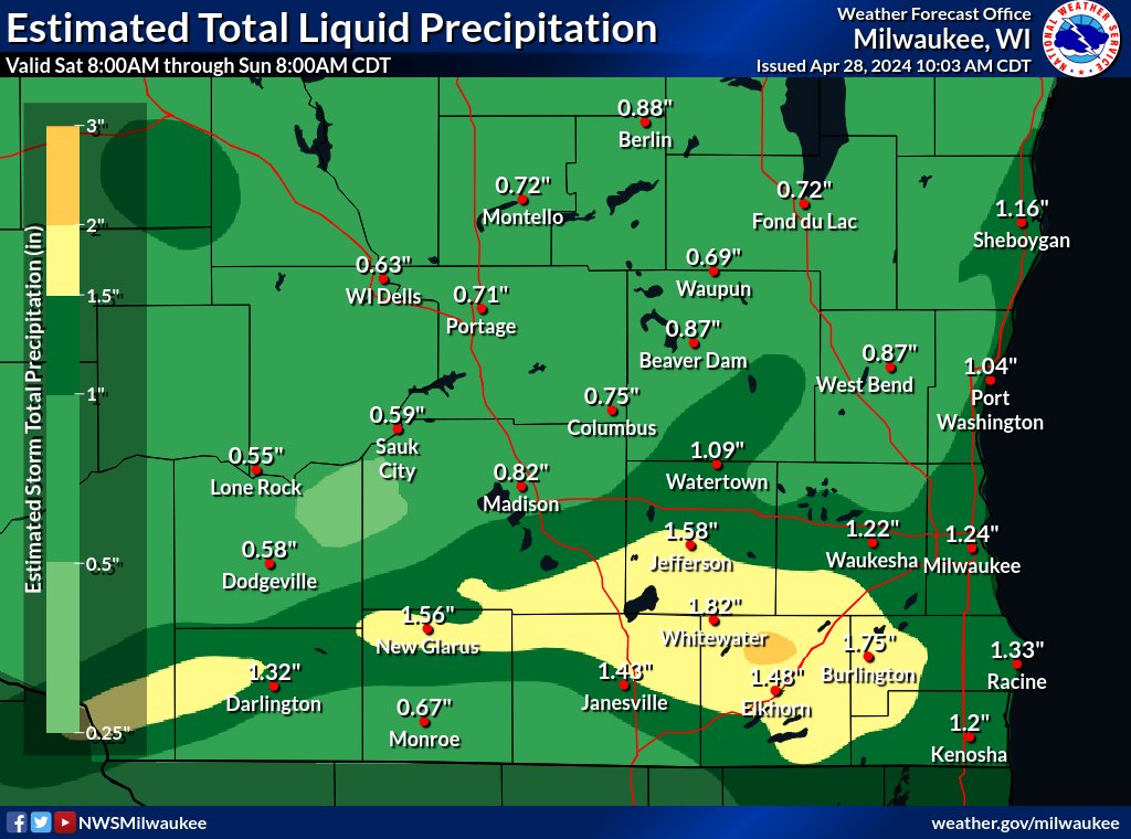 Here is the estimated rainfall totals from Saturday 4/27 across southern WI. Highest amounts of around 2 inches were in north central Walworth County. #swiwx #wiwx