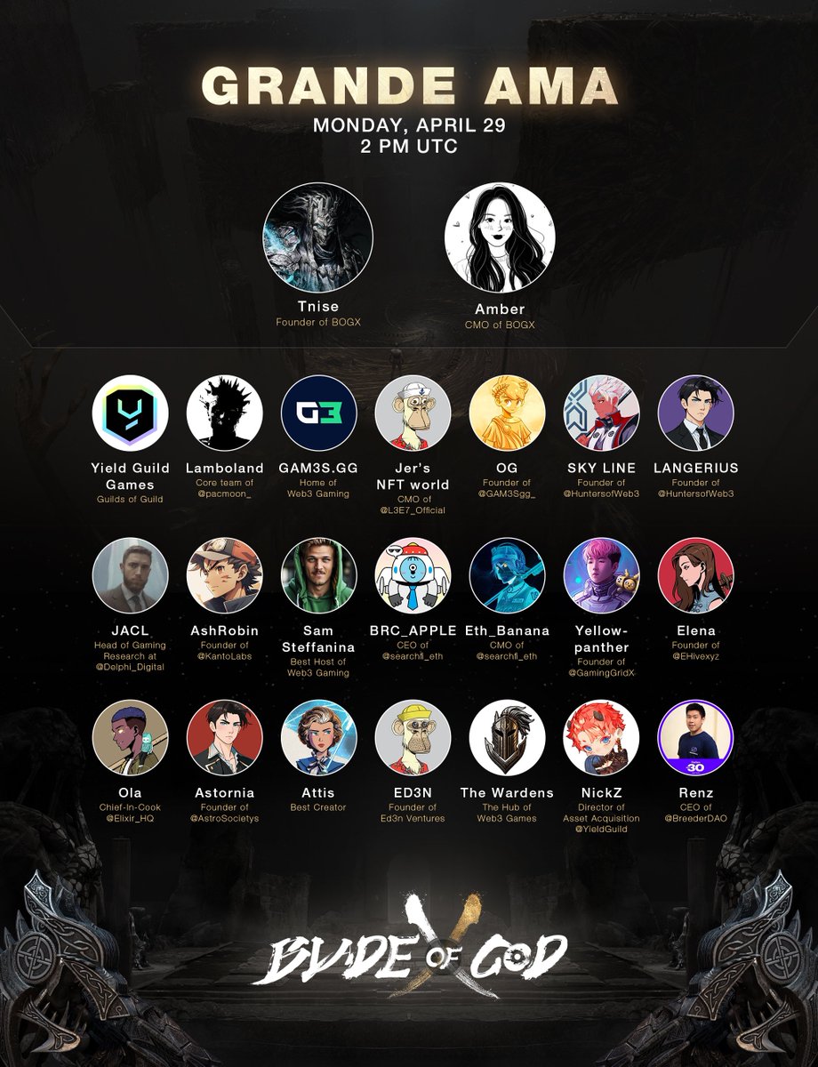 The first and final grand AMA before mint @BladeofgodX 🗿 📅 April 29, 2024 ⏰ 2 PM UTC 💫 All-Legend Lineup 🎁 1 Genesis WL twitter.com/i/spaces/1zqKV…