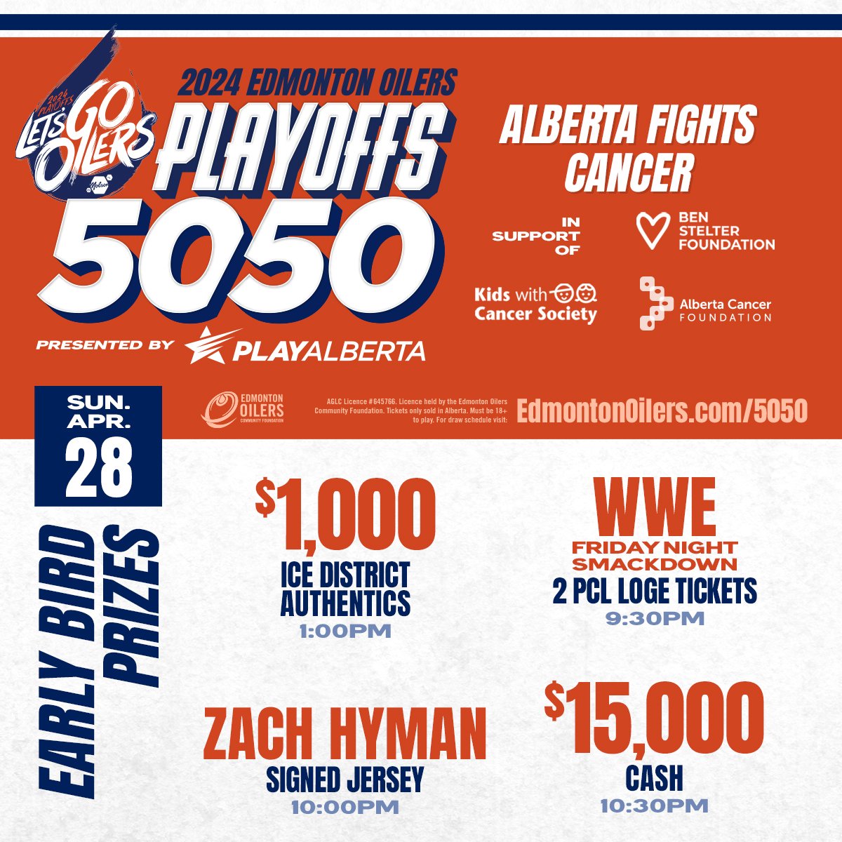 The current #Oilers Playoffs 50/50 presented by @PlayAlbertaCA is already closing in on $700,000 & today you could win $1,000 for @IceDistrictAuth, @WWE Smackdown loge seats, a @ZachHyman signed jersey or $15,000 cash as early-bird prizes! 🎟 EdmontonOilers.com/5050tw