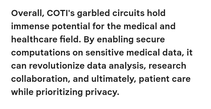 COTI's garbled circuits technology is a promising innovation for the medical and healthcare sector, offering solutions that prioritize data privacy while enabling crucial computations. Here are some potential applications: 👇 $COTI #blockchain #cryptocurrency #healthcare #COTIV2