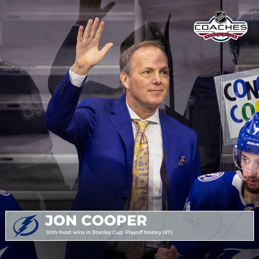 With the @TBLightning’s win last night, Head Coach Jon Cooper now holds sole possession for the 10th most wins in #StanleyCupPlayoffs history with 87. #Bolts