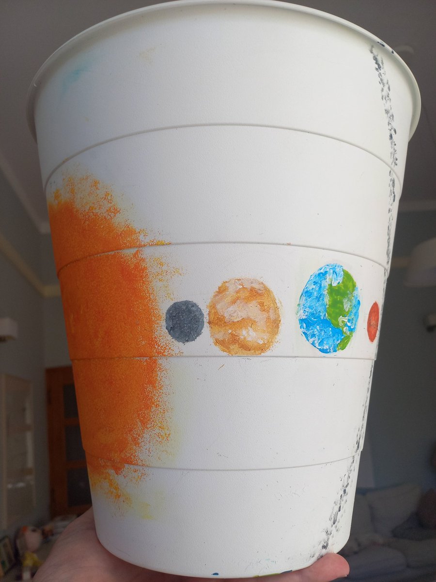 School project of my daughter (15) - putting the solar system onto a waste paper basket, hand painted. Right now, she is suffering over the patterns of Jupiter (on the back). (Notice the Asteroid belt)??😁