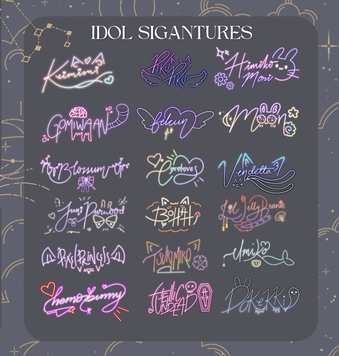 Giving away a few idol signatures/logos since it’s been a while and i’ve been itching to do some ehehehe <3 How to join: ♡ Follow ♡ Like + RT ♡ Drop your png #artraffle #vtuber