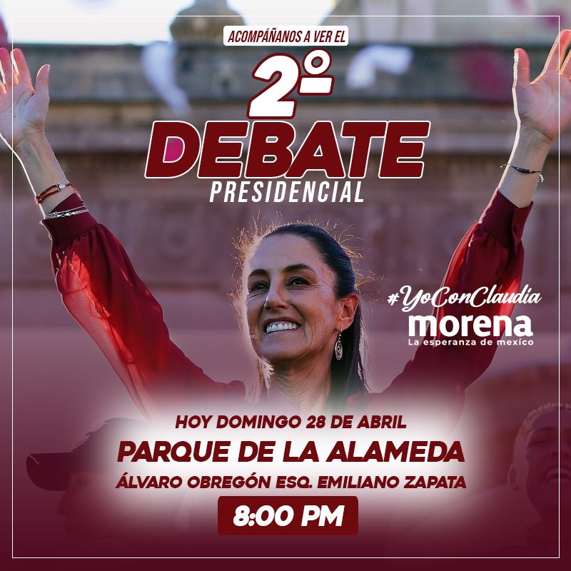 Te invito a que nos reunamos hoy en el parque de la alameda en punto de las 8:00 pm para ver el debate de nuestra amiga y próxima primera mujer presidenta de México @Claudiashein .

#VotaTodoMorena #SigamosHaciendoHistoria #ClaudiaSheinbaumPresidenta2024