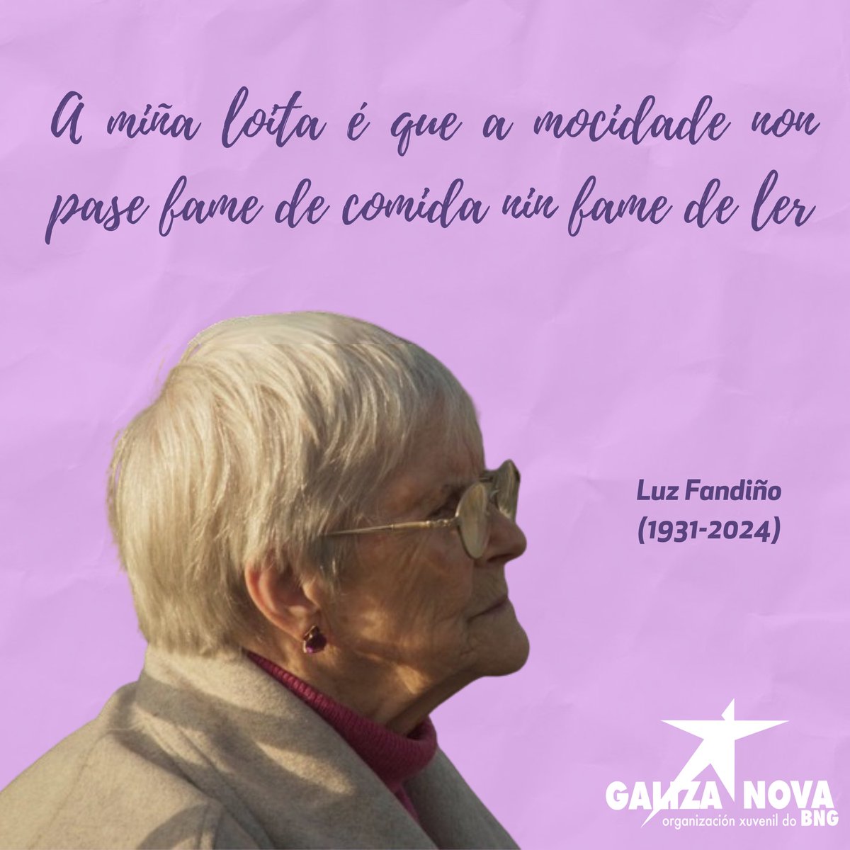 Hoxe é un día triste polo falecemento de Luz Fandiño, poeta galega loitadora e incansábel. Luz foi esa muller que sempre defendeu o país en todas as causas xustas e deu a cara pola mocidade. Sempre na nosa memoria, que a terra che sexa leve.