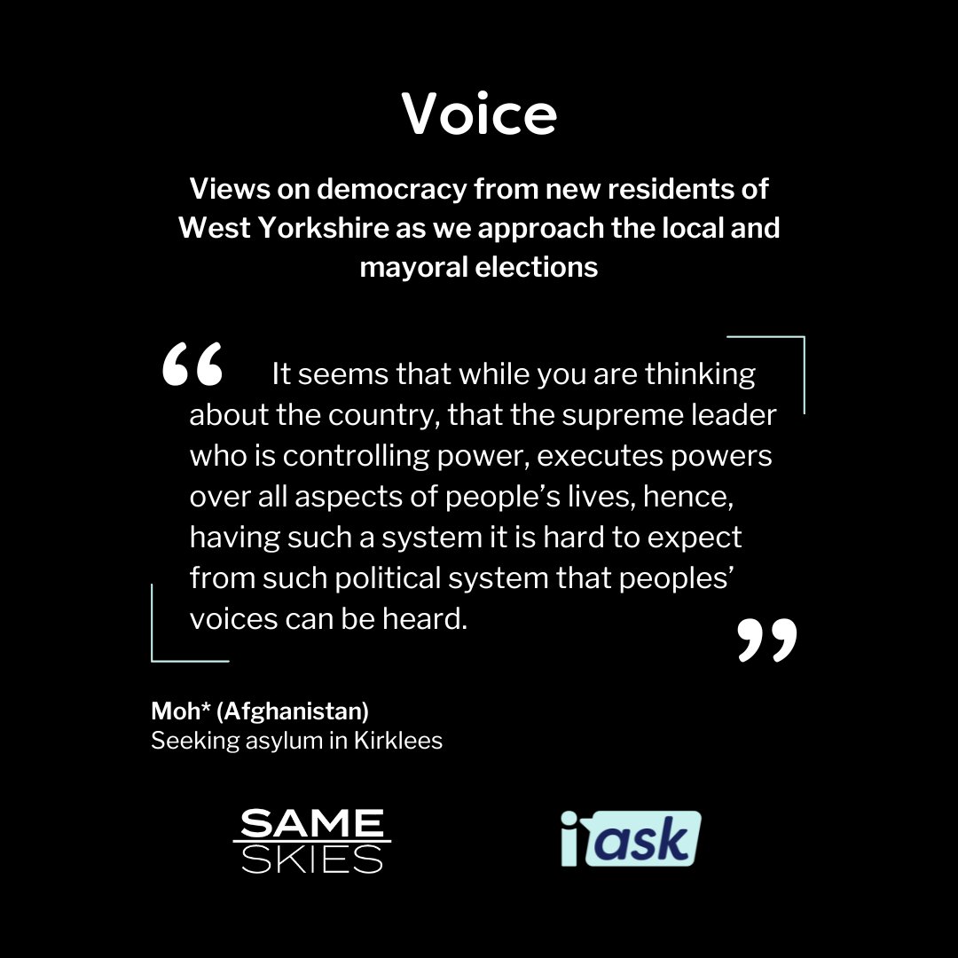 It is election day tomorrow! Use your voice. Welcome to Voice, an IASK & @SameSkiesThink initiative. We stand for diversity & democracy, focusing on the voices of people seeking asylum & refugees for #WYCA 2024. @TracyBrabin @KirkleesCouncil #democracymatters #voice