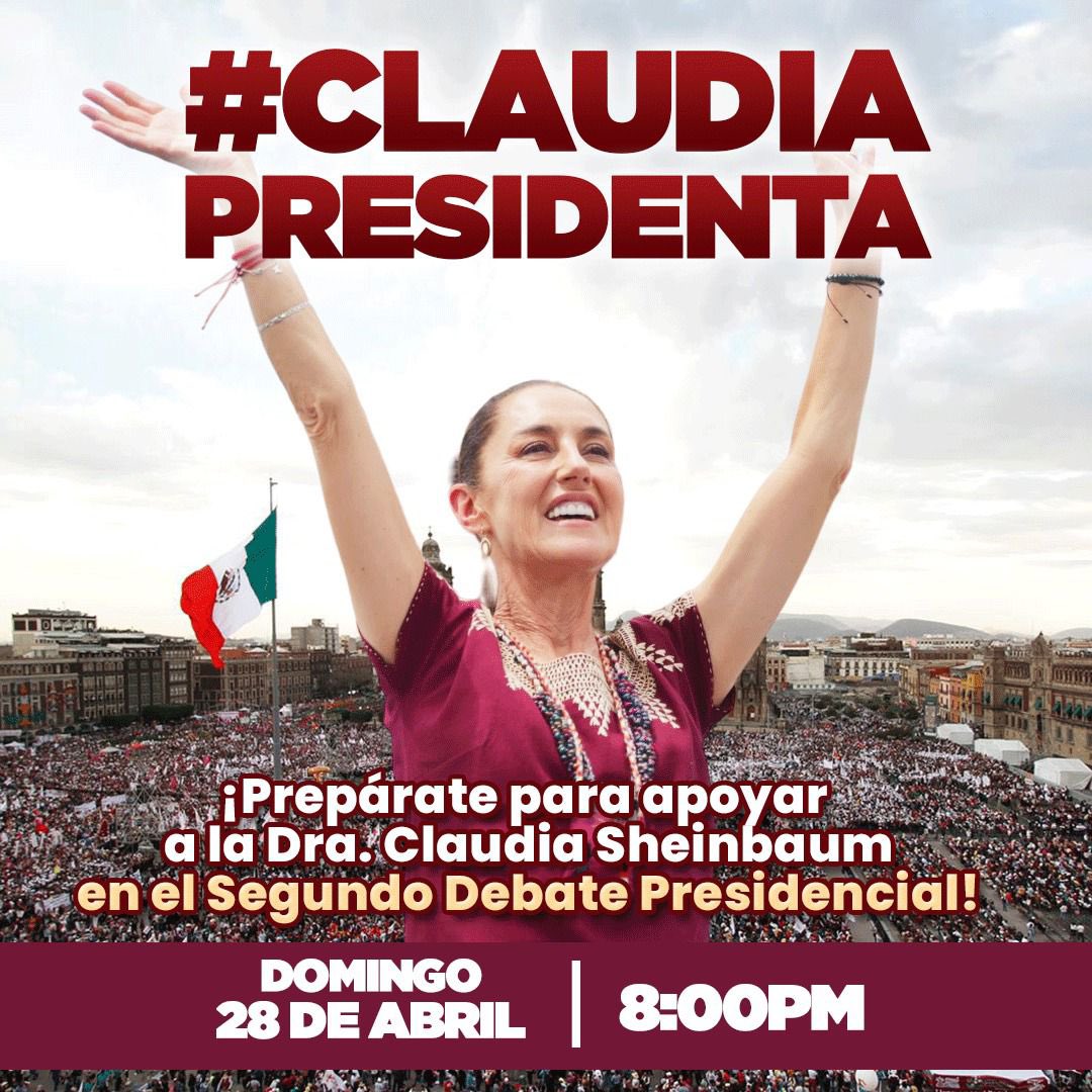 DOMINGO, 28 DE ABRIL, DE 11:00 AM A 3:00 PM UTILIZA LA ETIQUETA #CLAUDIAPRESIDENTA

👇🏼👇🏼

Hoy es el segundo debate, y ya estamos listos para ganarlo.
¡Acompáñanos en el camino a la victoria y juntos construyamos el segundo piso de la Transformación! #ClaudiaPresidenta