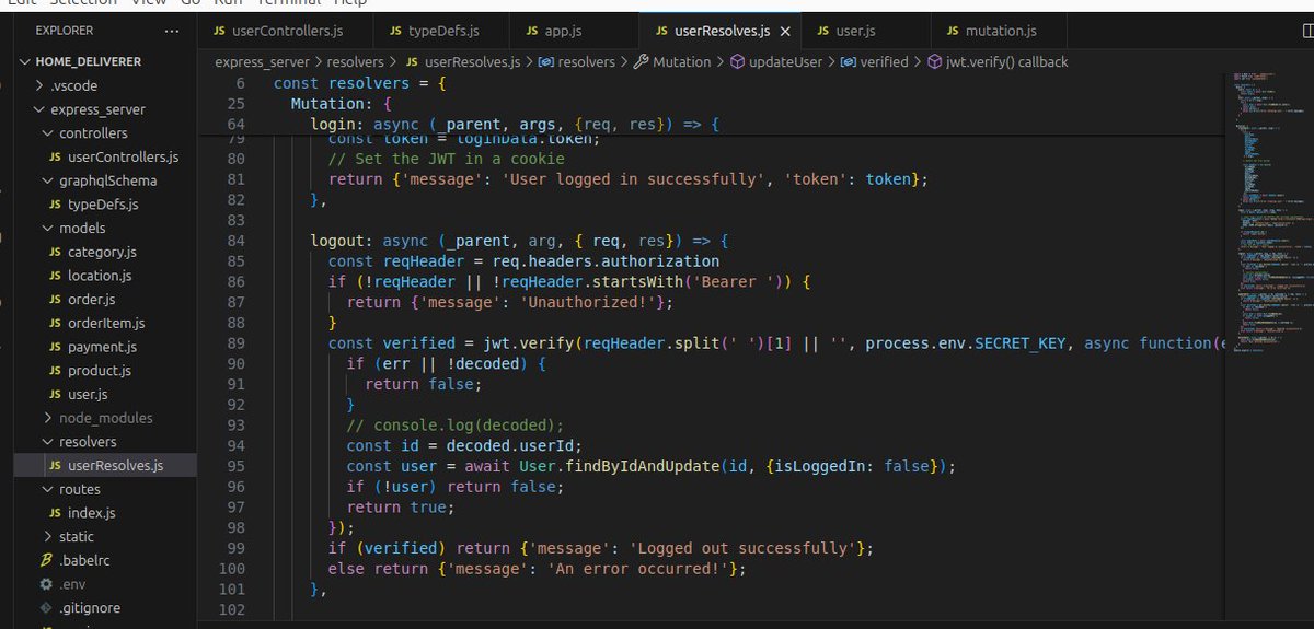 Day 45 of #100daysofalxse: I implemented the logout endpoint for the graphql endpoint
@facesofalxse
@alx_africa
@julienbarbier42
#buildinpublic #SoftwareEngineer