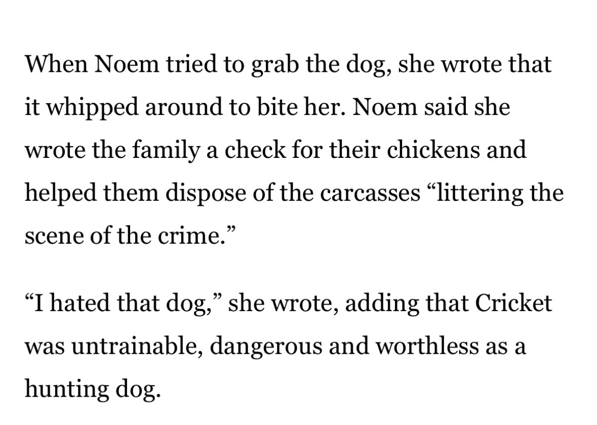 Contrary to her tweet, I’ve not seen a single report on Gov. Noem’s book that indicates she ever said that Cricket had bitten anyone other than a chicken. The closest thing she said is that when she grabbed the dog she hated, it tried to bite HER. Cricket was smarter than Kristi.