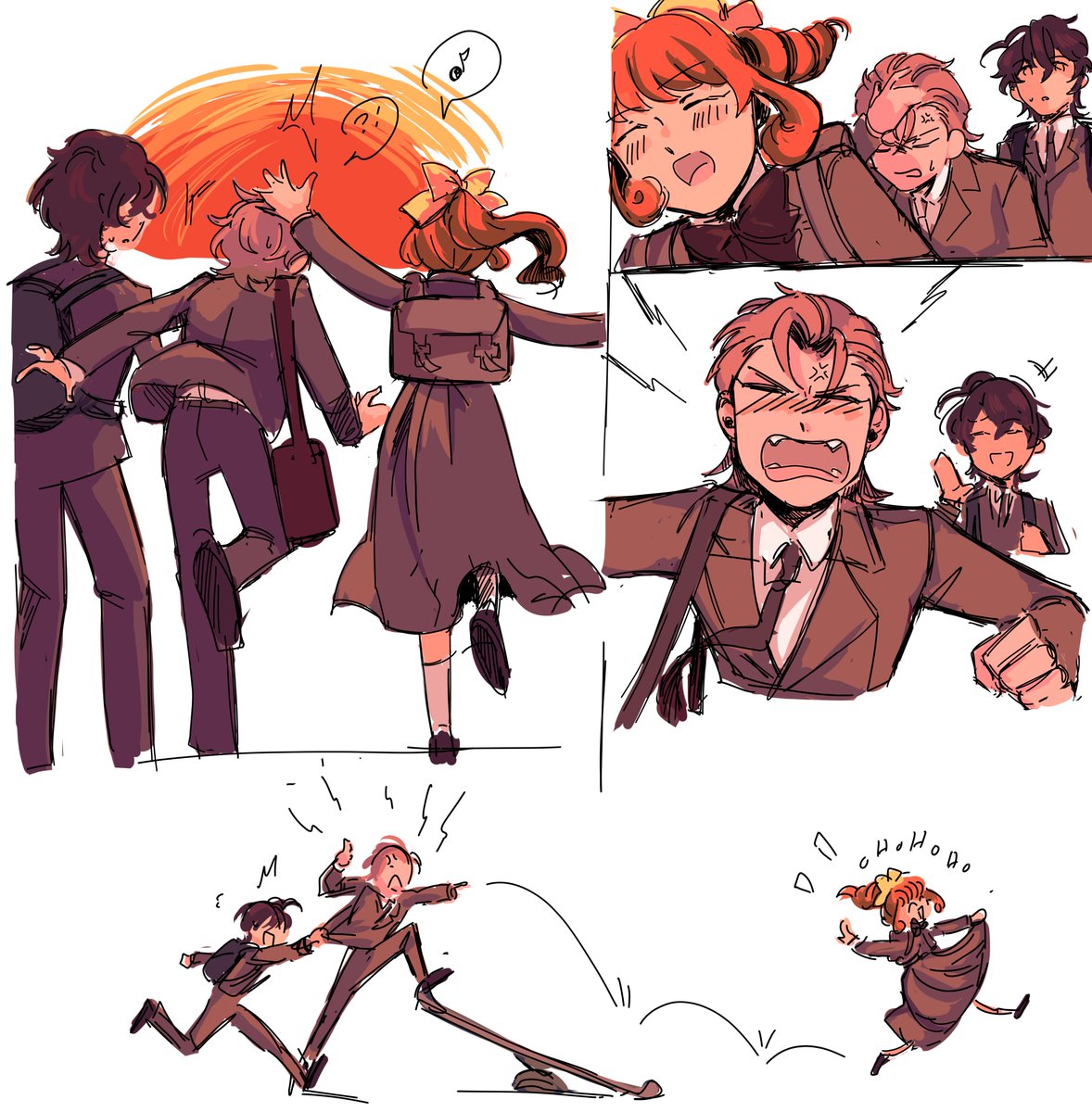 young baskerzieks doodles (+ my oc mycroft in the last pic) 
in the 80s, the school might be by split gender, especially if it's a private school, so the idea of her walking all the way just to bother him is extra funny to me lmao. cute girls are allowed to be annoying 😌✨