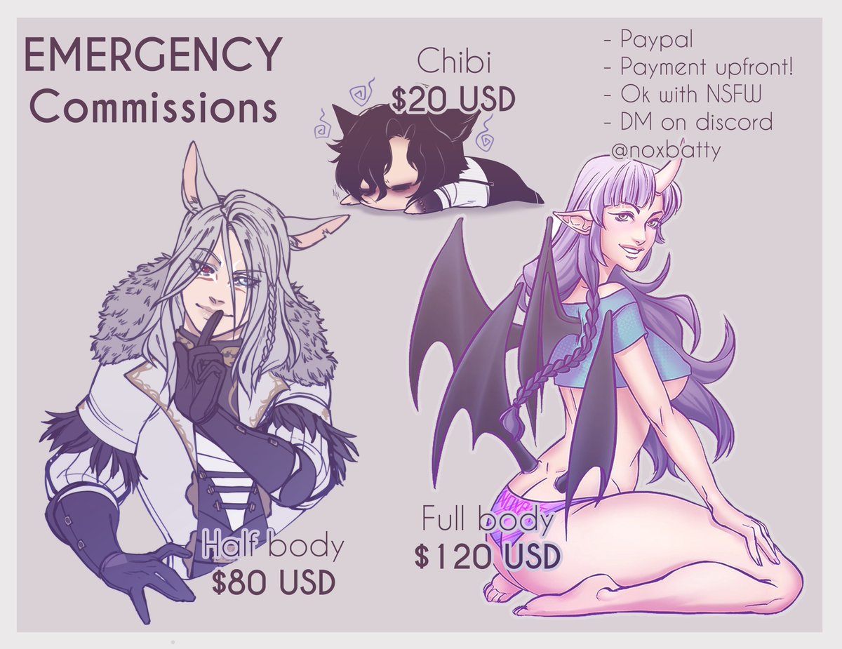 Hey all! I'm short for rent this month so I'm opening these back up but with some few changes! 

Please dm me on discord if you'd like to get a comm and help me out! Would be much appreciated!

an RT will also be really helpful ♥

#commissionopen #CommissionSheet #commission_art