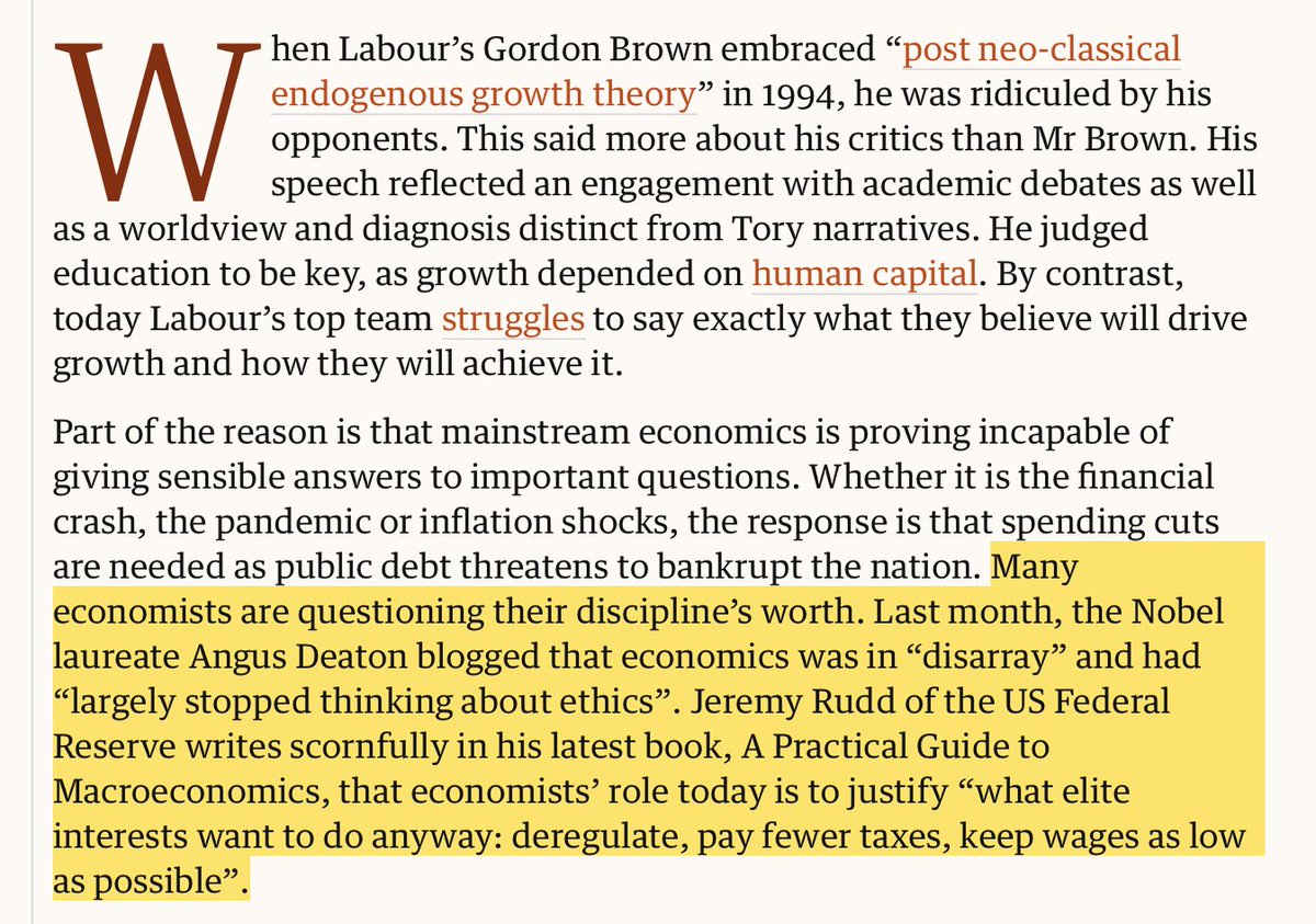 Selon le Nobel Angus Deaton, la science économique est "en crise".
Selon Jeremy Rudd, de la Fed, le rôle des économistes consiste à justifier « ce que les élites veulent faire de toute façon : déréglementer, payer moins d'impôts, maintenir les salaires aussi bas que possible ».⤵️