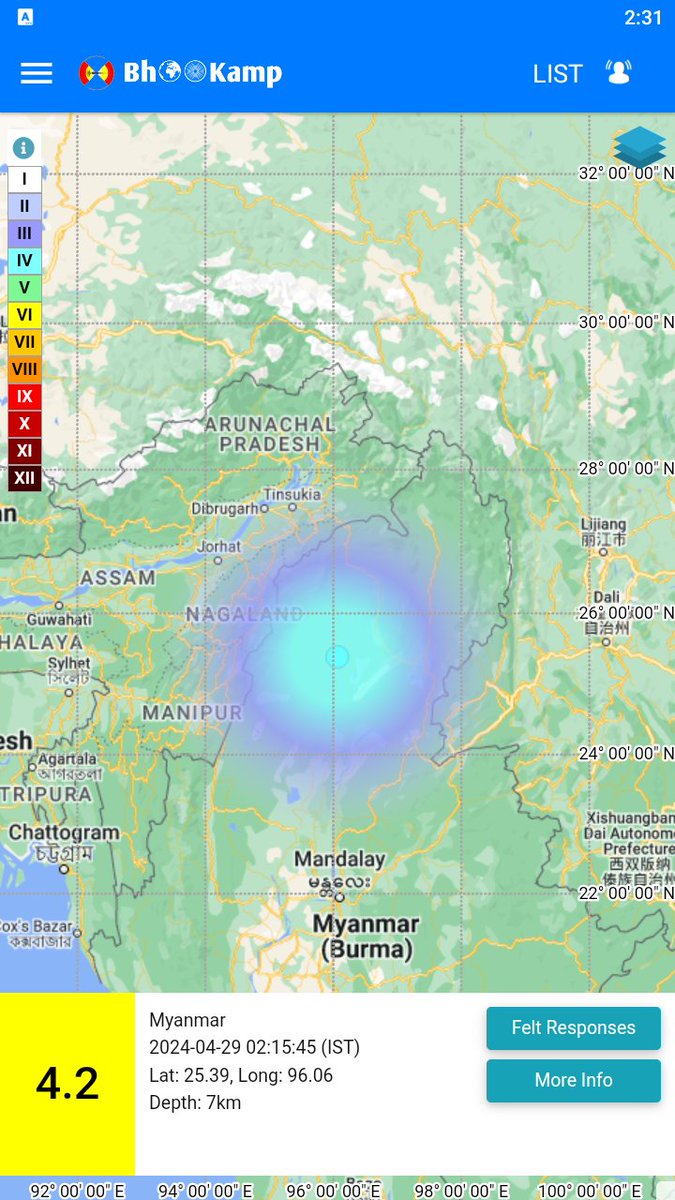Earthquake of Magnitude:4.2, Occurred on 29-04-2024, 02:15:45 IST, Lat: 25.39 & Long: 96.06, Depth: 7 Km ,Location: Myanmar, for more information Download the BhooKamp App riseq.seismo.gov.in/riseq/Interact… @KirenRijiju @ndmaindia @Indiametdept @Dr_Mishra1966 @Ravi_MoES