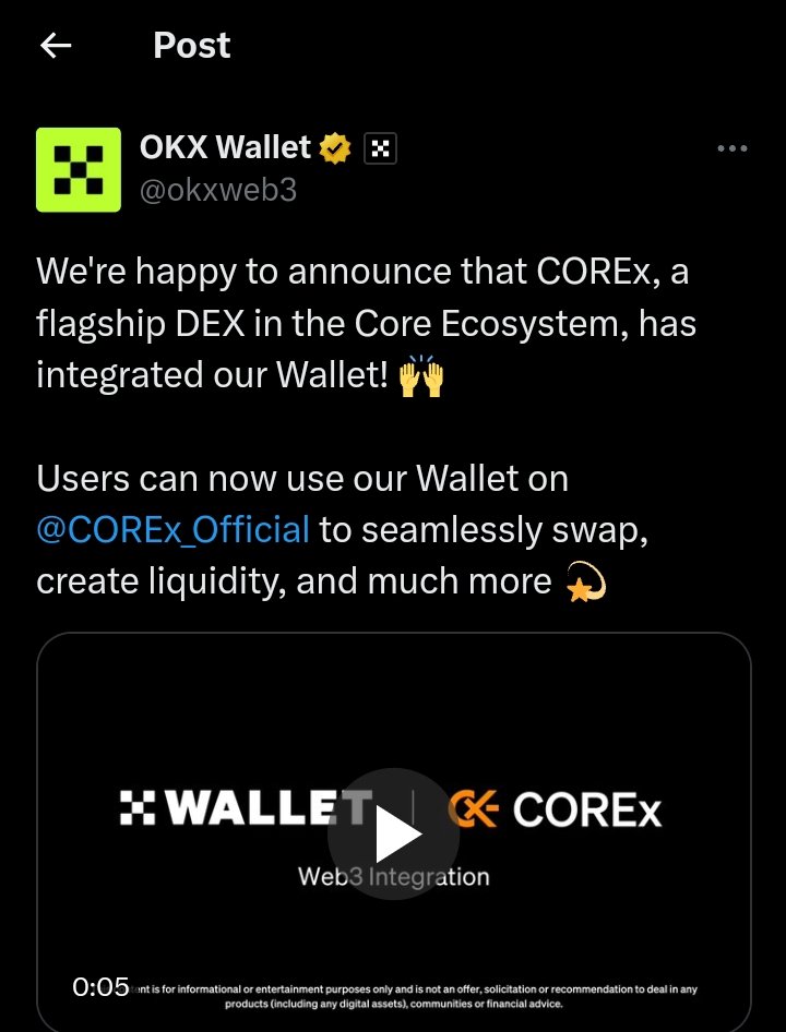 Biggest Incentive Testnet On CoreChain. 🚀 
COREx is the first DEX in the Core Ecosystem, backed by Coredao_Org,  Okx Wallet, combining V3 social features with AI for mass adoption, redefining decentralized trading. 👇

Time: 6mins
Cost: $0

Thread 🧵👇