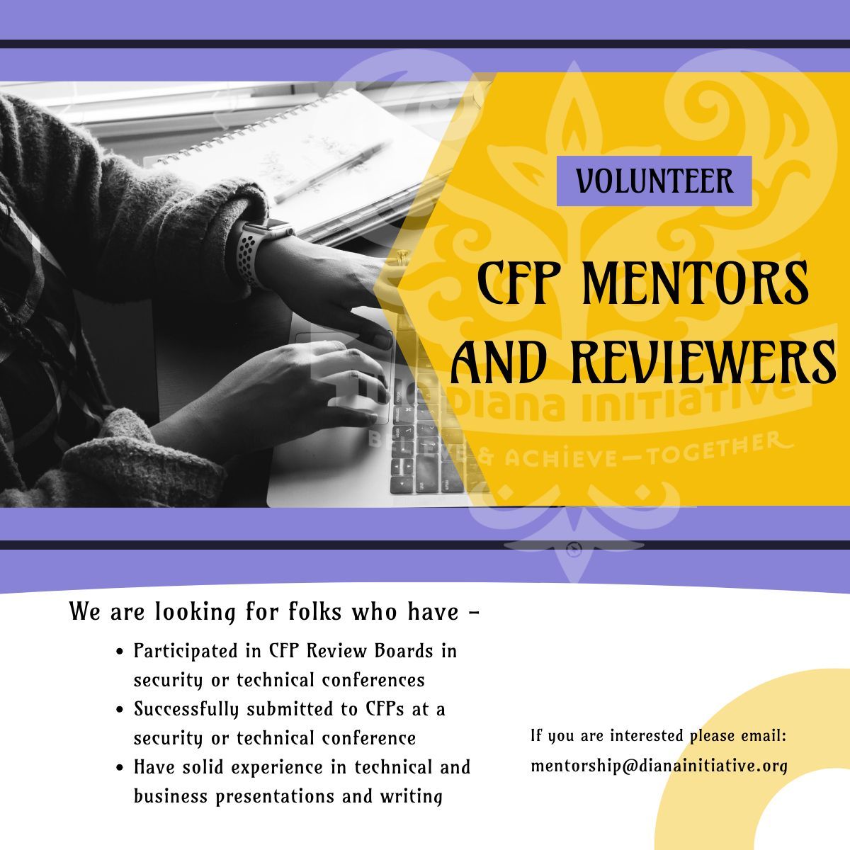 LAST CALL TDI needs experienced speakers and CFP reviewers to volunteer to mentor speakers on their CFP skills. Commitment: 8+ hours before 30 May More info: buff.ly/3Psxqad email mentorship@dianainitiative.org or click buff.ly/3Tncnaf #TDI2024 #LiftWhileYouClimb