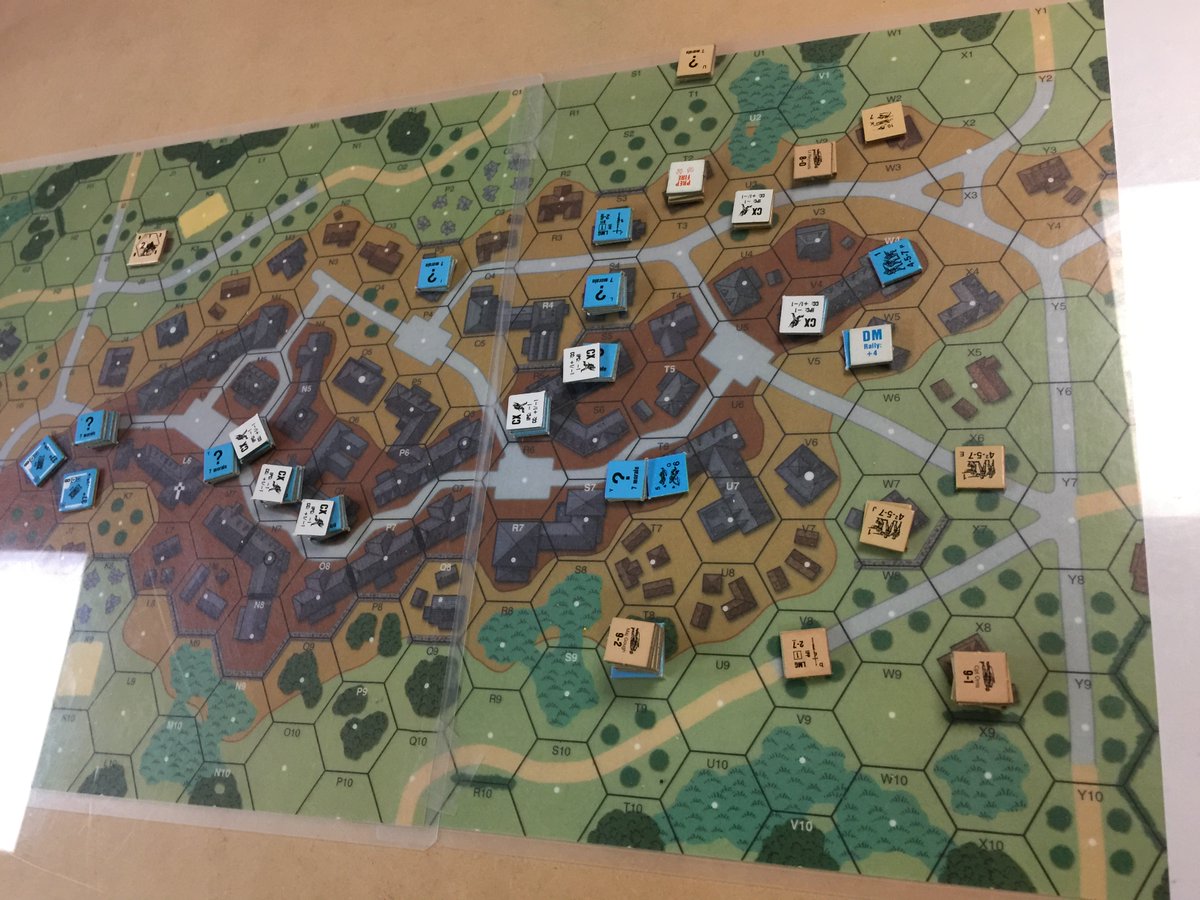 the2halfsquads's tweet photo. Scenario AP162: The Governor. The Vichy French are defending bldg J6 & most of the multi hex buildings from the Australians. 9-2 stack was in 09 when leader pinned there and 3 squads advanced v. 1 enemy squad. Tied up for a turn plus. French win! #multiman #advancedsquadleader https://t.co/8cP6MWhGFW