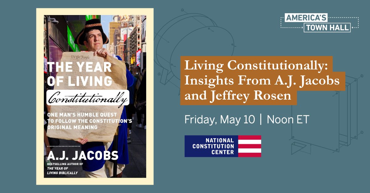 Hear <a href="/ajjacobs/">AJ Jacobs</a> and <a href="/RosenJeffrey/">Jeffrey Rosen</a> discuss Jacobs’ new book, “The Year of Living Constitutionally: One Man’s Humble Quest to Follow the Constitution’s Original Meaning,” for #AmericasTownHall. 

Register to attend #AmericasTownHall online, May 10 at Noon ET: ow.ly/or6g50Reuy0