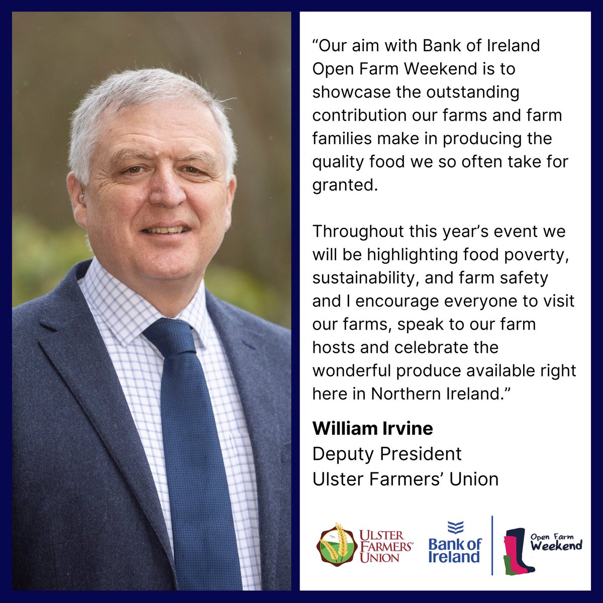 🤝PARTNER NEWS🤝Bank of Ireland Open Farm Weekend is led by the @UFUHQ. As we look forward to our event on the 14-16 June, we get the thoughts of UFU Deputy President and our Chairman, William Irvine 🍎🥔🥕🌾🐑🐮🐔 🚜 #farmingni #nifarming #freevent #familyday #BOIOFW24