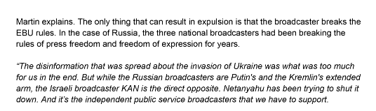 Here you go, you have your official response eurofans. 
Can you stop crying now? (I know you won't)
KAN has broken 0 EBU rules and is entirely different from the Russian broadcasters.
Israel is and will participate at #Eurovision 🇮🇱