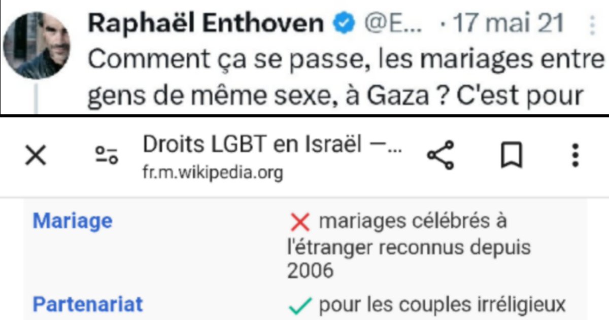 @lecoindeslgbt Et surtout ton fil devrait rappeler que le mariage est toujours interdit pour les homosexuels en Israël.

Ca surprend toujours les gens qui ont subit pendant des années la communication du pinkwashing de Tel Aviv pour laver l'extrême-droite, mais la réalité c'est ça.