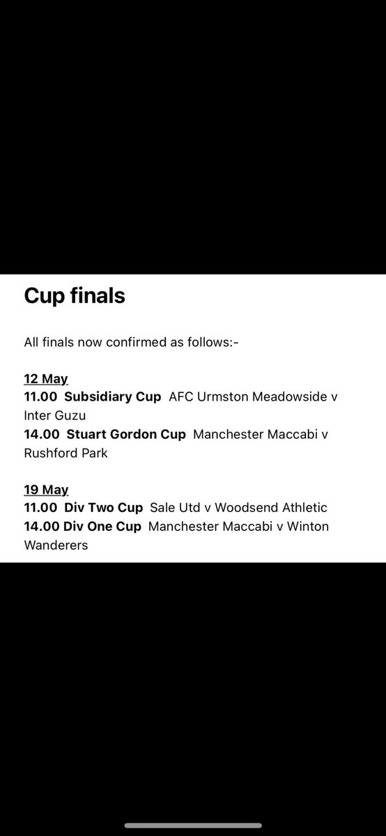 Cup finals teams, dates & times to be played at wythenshawe town. @afcurmstonmeds v @fullyguzufc @ManMaccabiFC v @RushfordPark @Under21saleutd v @FcWoodsend @ManMaccabiFC v @SundaysWinton