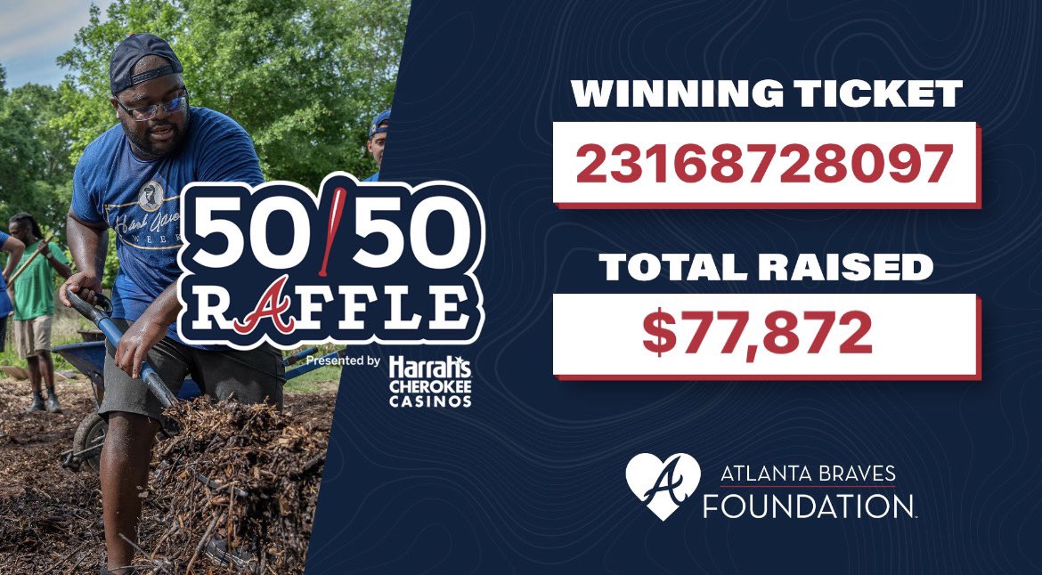 Thank you for your support of this weekend’s 50/50 Raffle! Proceeds raised support our work across @Braves Country, including sustainability programs like Pitch In for the Planet and more!