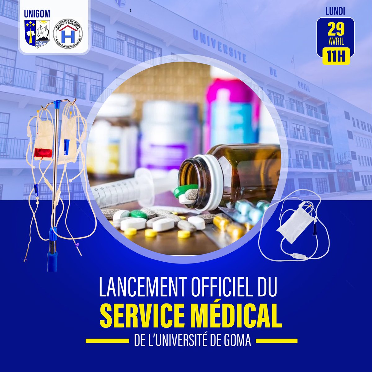 🚨Bonne nouvelle🎊🎊
L’Université de GOMA a désormais un service médical🎊🎊
Le lancement officiel aura lieu au campus universitaire du Lac ce lundi 29 Avril 2024 à 11h.

Cordiale bienvenue 🥳
#lanouvelleunigom
#universitedelexcellence
#servicemedicalUnigom