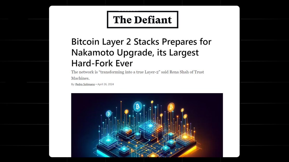 'The Nakamoto upgrade brings a solution expected to reduce Stacks’ block times to five to 10 seconds, from the current 10 minute confirmations it inherits from Bitcoin.' - @DefiantNews on the Stacks Nakamoto Release Read the full article 👇