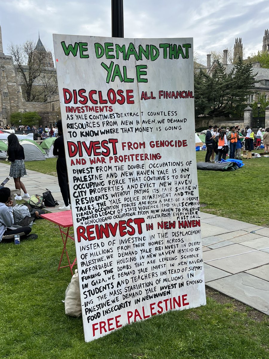 For those wondering, here is what organizers continue to demand: 1. Disclosure of all financial investments 2. Divest from genocide and war profiteering 3. Reinvest in New Haven