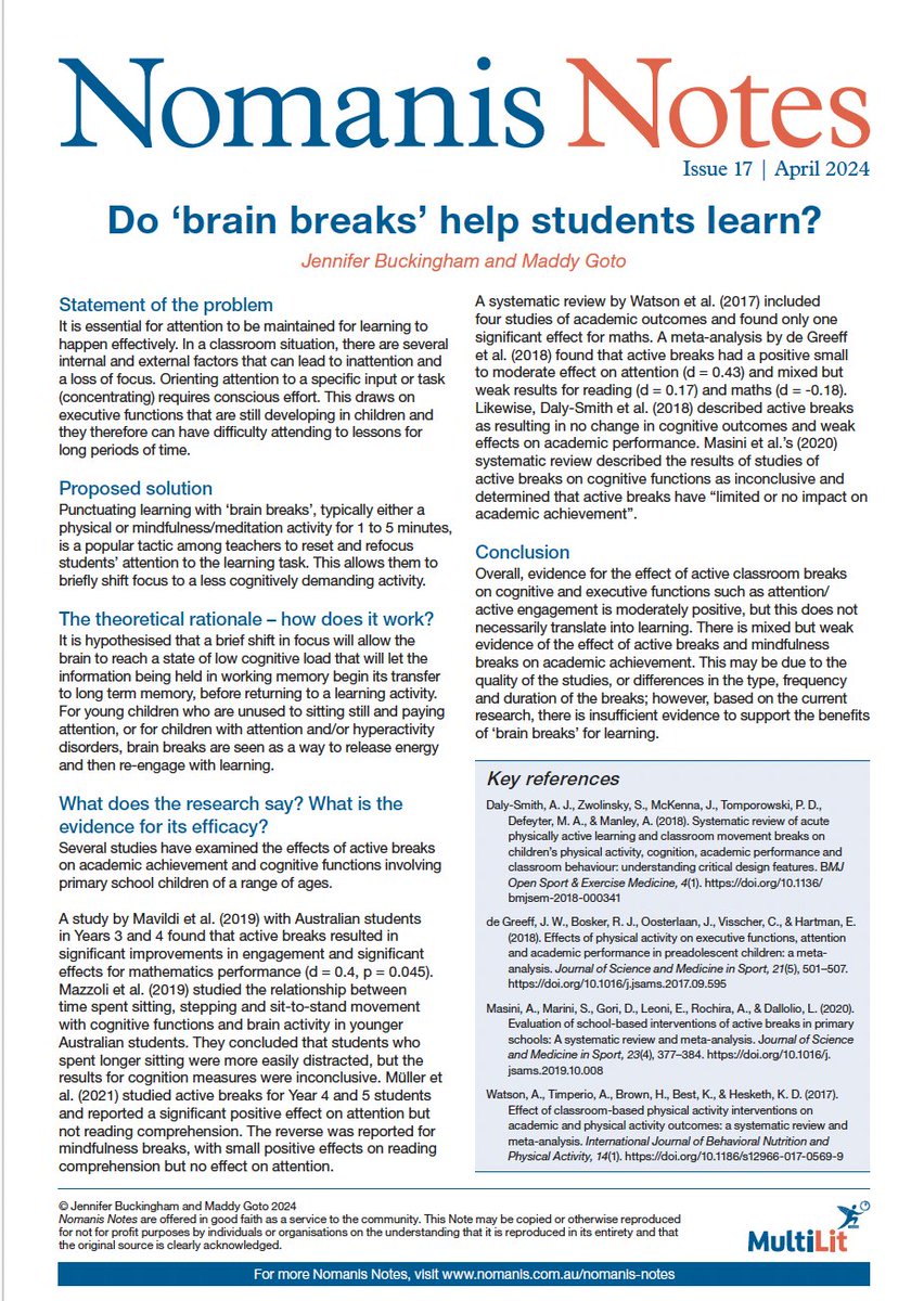 Do ‘brain breaks’ help students learn?
Find out what the evidence says in a new Nomanis Note by <a href="/maddy_goto/">Maddy Goto</a> and me.
tinyurl.com/246axnx3