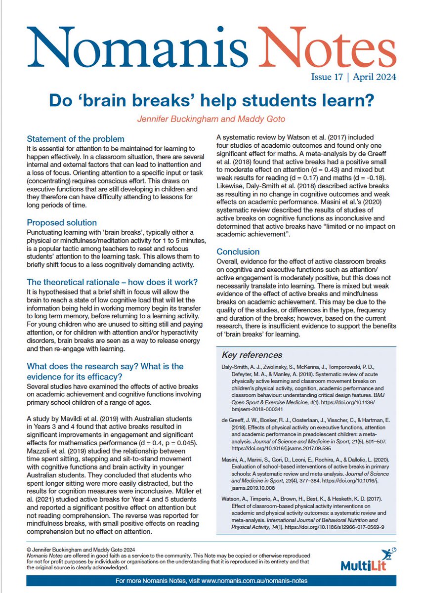 Do ‘brain breaks’ help students learn? Find out what the evidence says in a new Nomanis Note by @maddy_goto and me. tinyurl.com/246axnx3