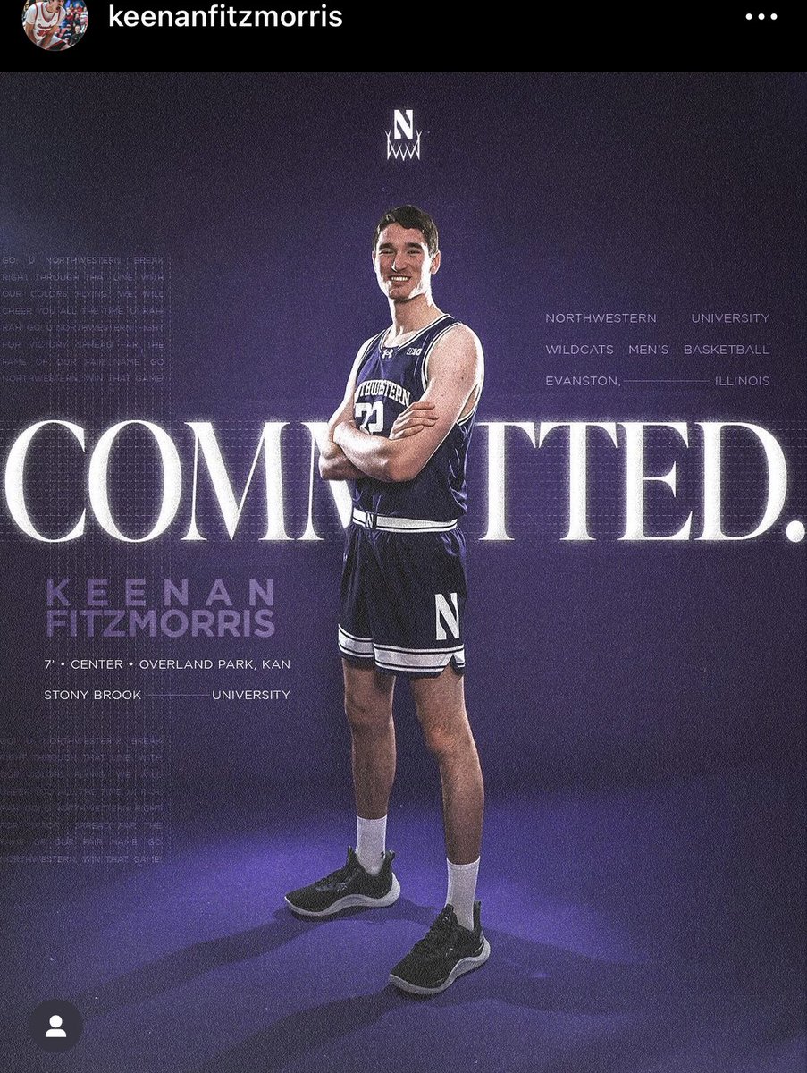 Wildcats land a portal commitment from 7 footer Keenan Fitzmorris! Collins continues the trend of 1-year bigs, this being the third in a row after Verhoeven and Preston.