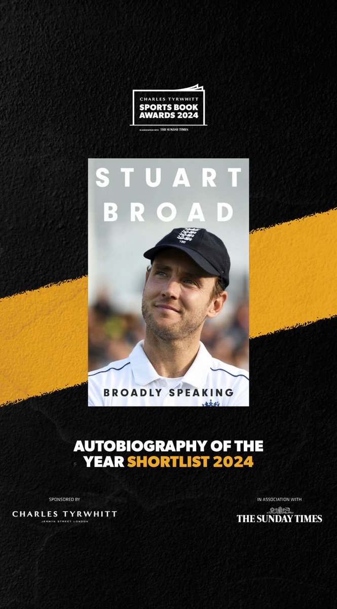 ⁦@StuartBroad8⁩’s Broadly Speaking has been shortlisted in the autobiography of the year category at the Sports Book Awards. An honour to have been involved in the project. Winner to be decided by public vote.