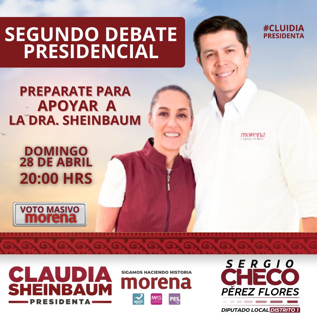 Apoyemos esta noche en el #SegundoDebate a nuestra próxima #PresidentaDeMexico #ClaudiaSheinbaum, quien tiene las mejores propuestas del #SegundoPiso de la transformación, siempre a favor de todas y todos los #mexicanos. #votacheco #VOTOMASIVOMORENA #ClaudiaSheinbaumPresidenta