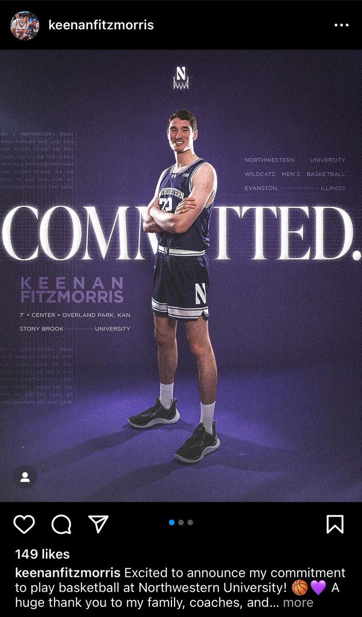 Stony Brook center Keenan Fitzmorris announces his commitment to NU on Instagram. The 7-footer averaged 10.9 points and 4.4 rebounds last season, and shot 76.7% from the FT line. This will be his final season of eligibility