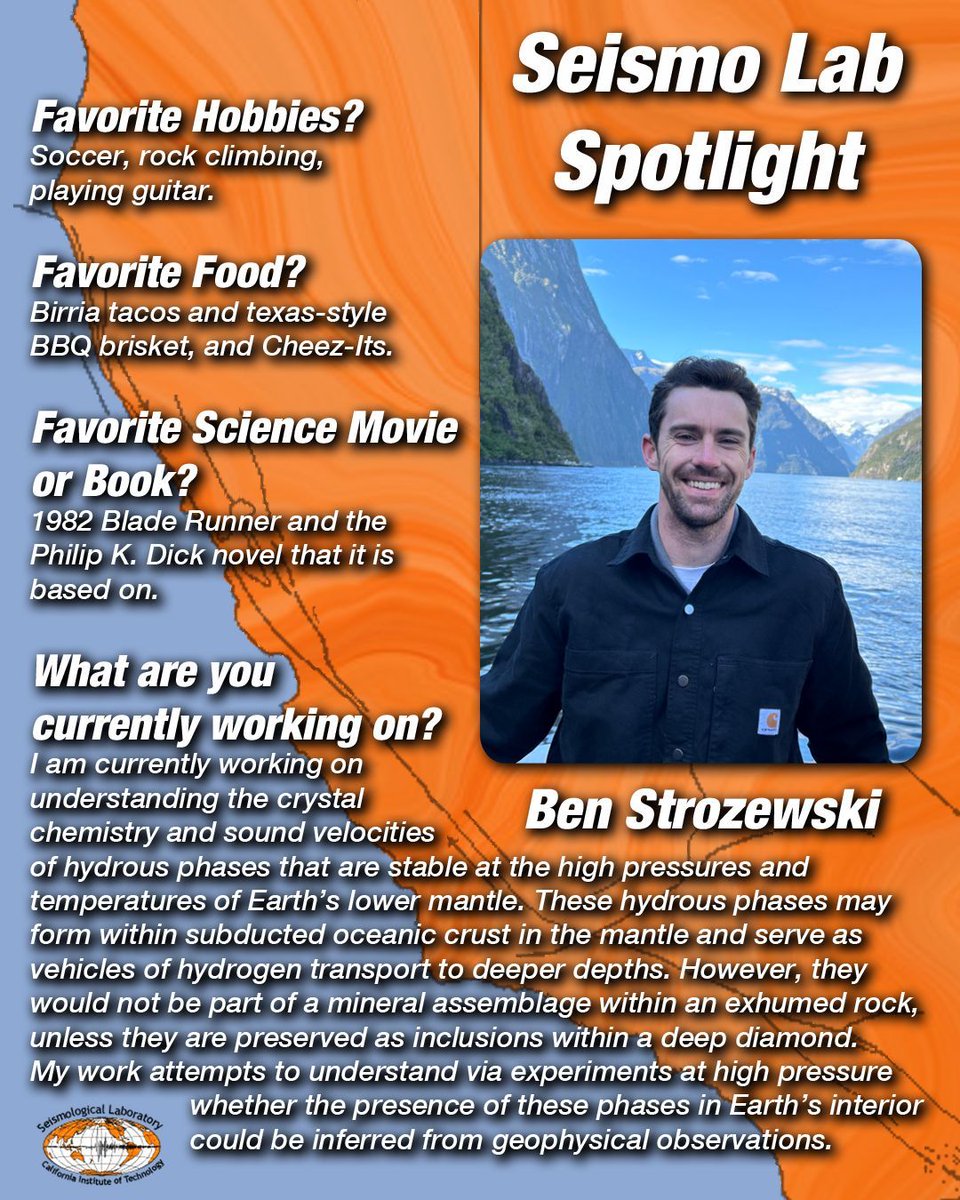Meet Ben Strozewski, a Seismo Lab Grad Student. Ben is a mineral physicist who uses experiments at high pressures to understand hydrous minerals and their visibility via seismology in the deep earth! #SeismoLabSpotlight