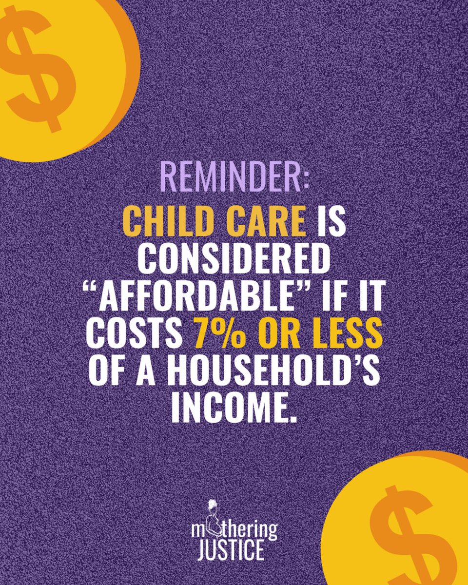 📣 @ our elected leaders: the average price of center-based care exceeds the U.S. Department of Health and Human Services’ definition of affordable. (7% of household income) 📣 Join our fight to guarantee affordable, quality childcare by visiting motheringjustice.org 🧡