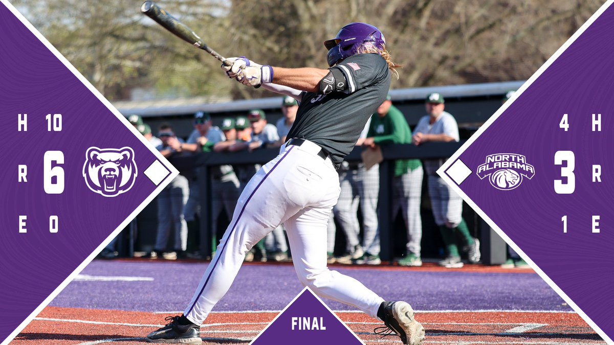 BEARS WIN!!! UCA gets its 2nd straight ASUN🧹with a 6-3 win over UNA. Shipley 3 for 4 with HR. Cermenelli with a HR and 3 RBI. Alexander with his 7th save. #BearClawsUp x #FightFinishFaith